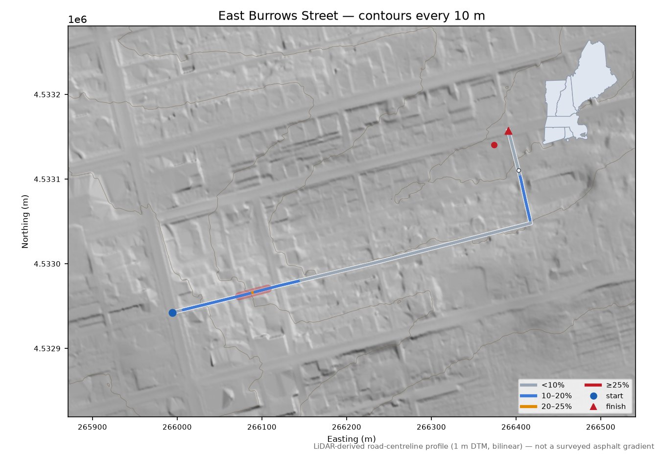 East Burrows Street LiDAR hillshade map with contours