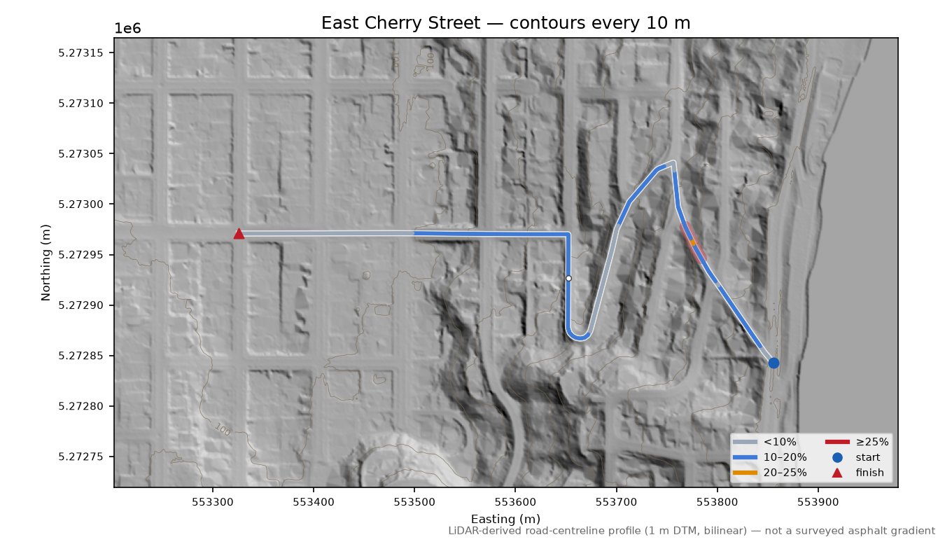 Fullerton Avenue LiDAR hillshade map with contours