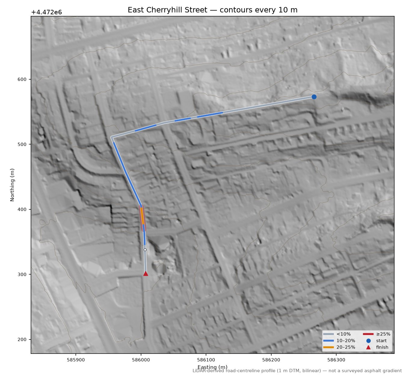 East Cherryhill Street LiDAR hillshade map with contours