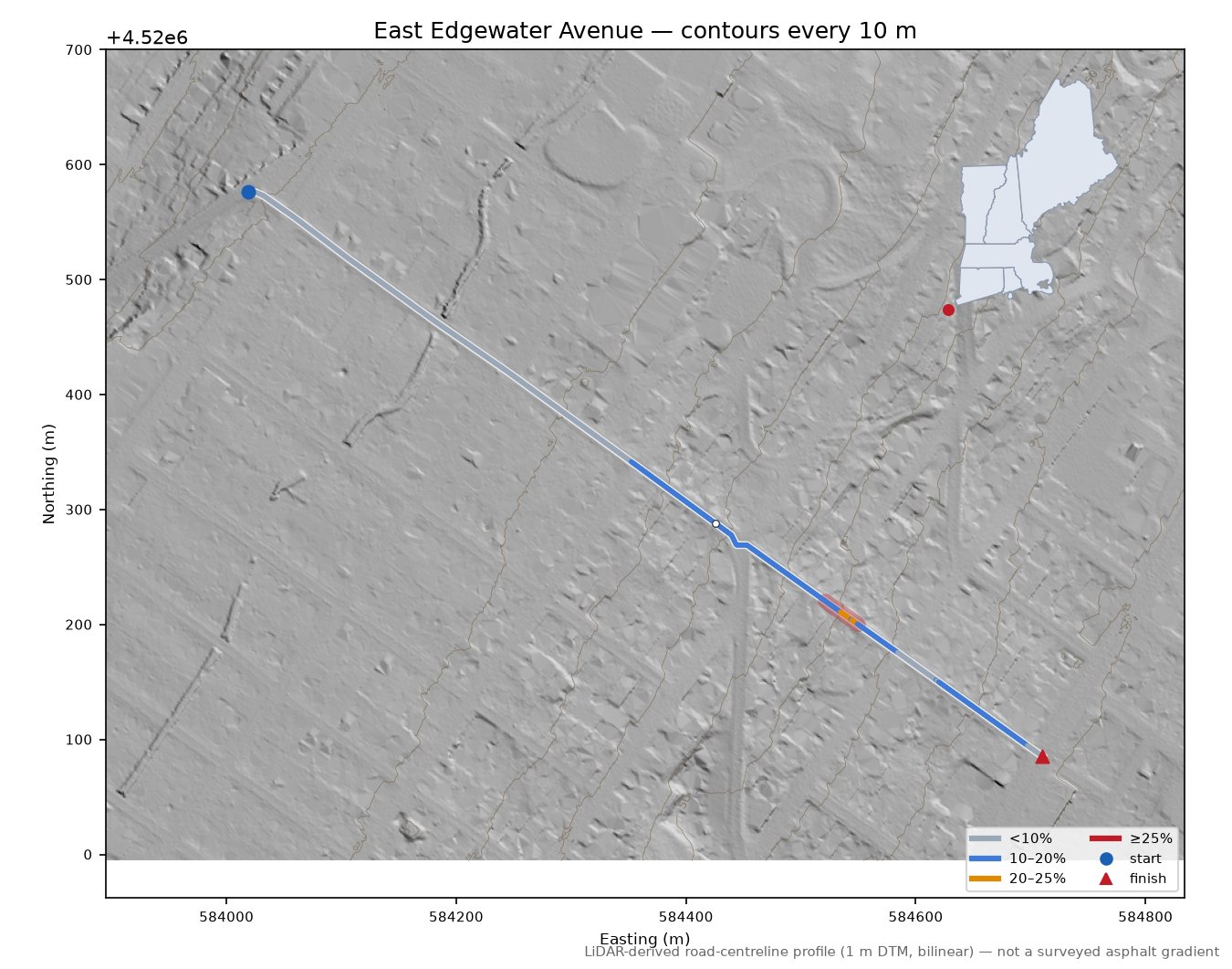 East Edgewater Avenue LiDAR hillshade map with contours