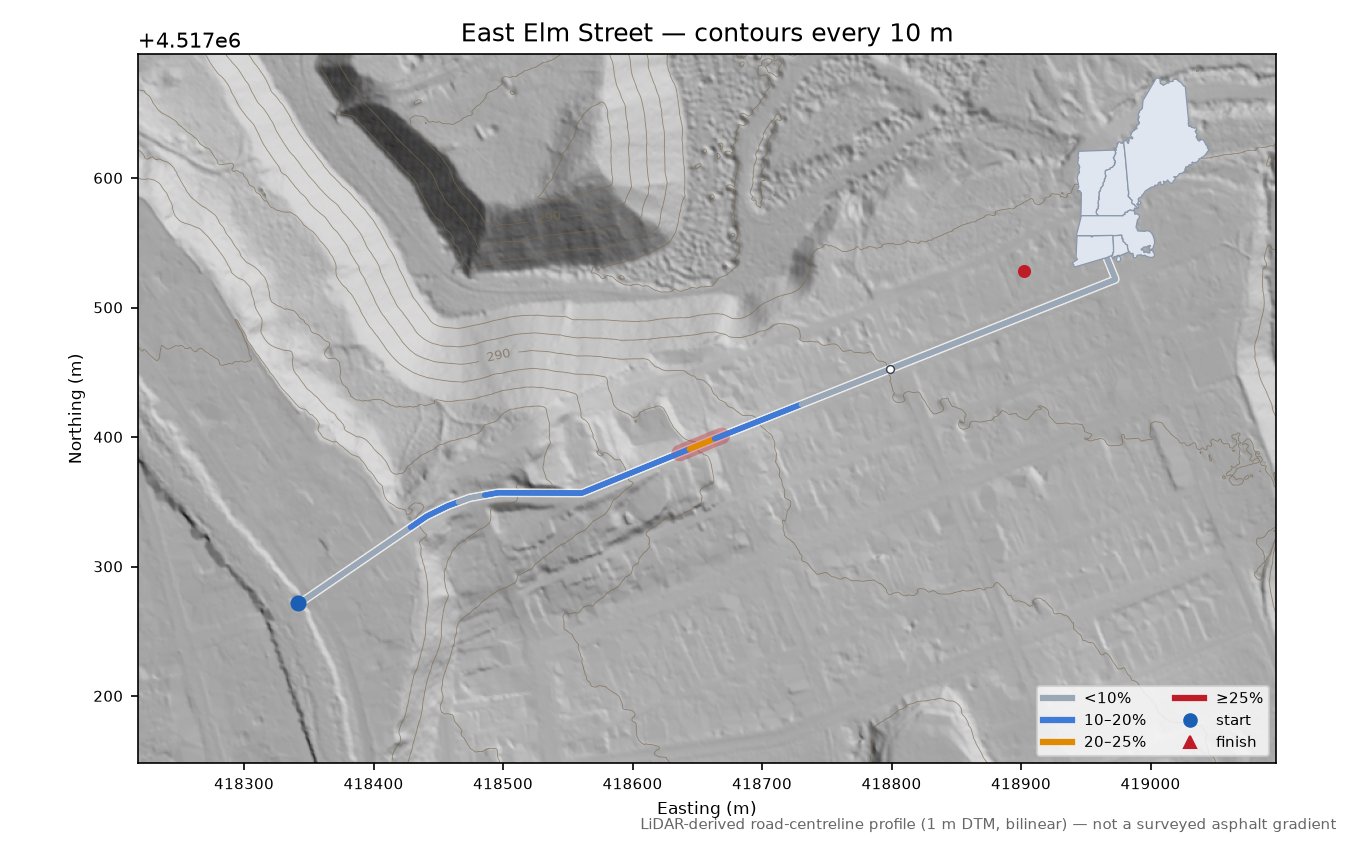 East Elm Street LiDAR hillshade map with contours