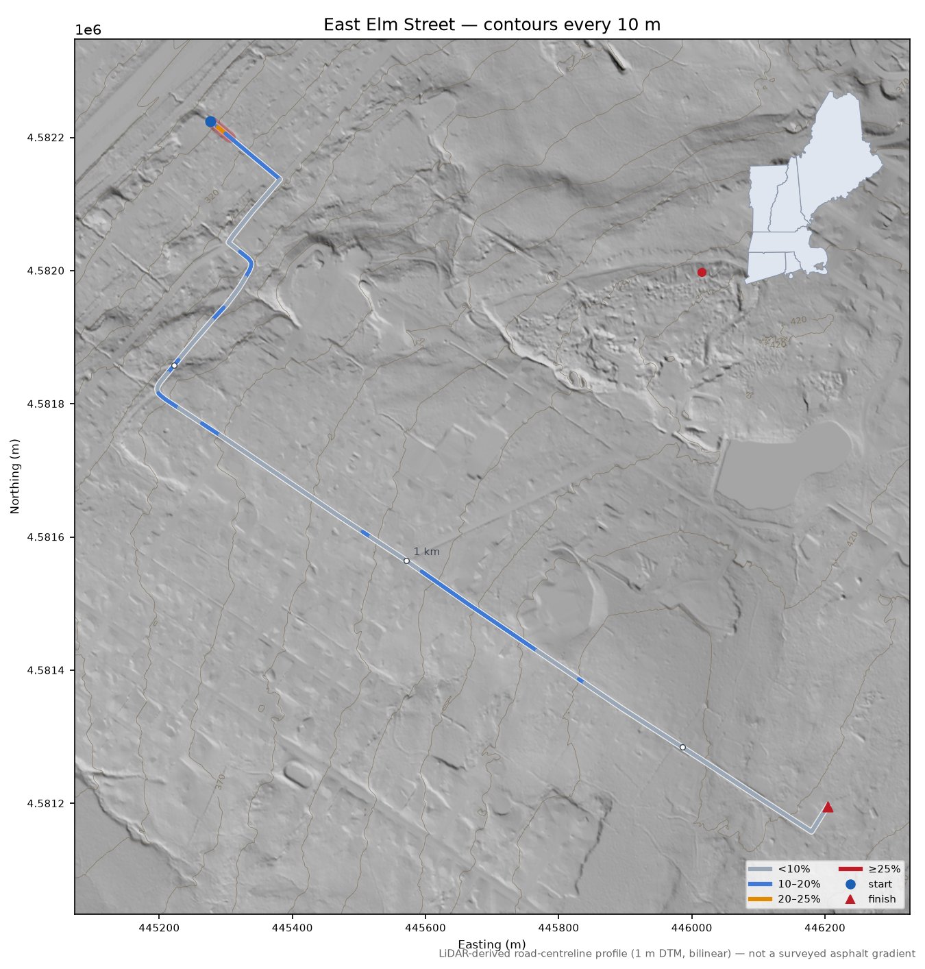 East Elm Street LiDAR hillshade map with contours