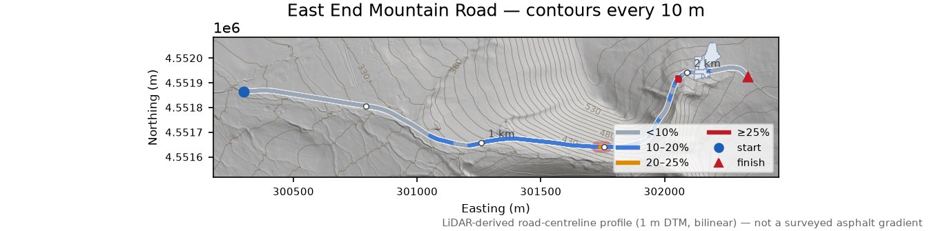 East End Mountain Road LiDAR hillshade map with contours