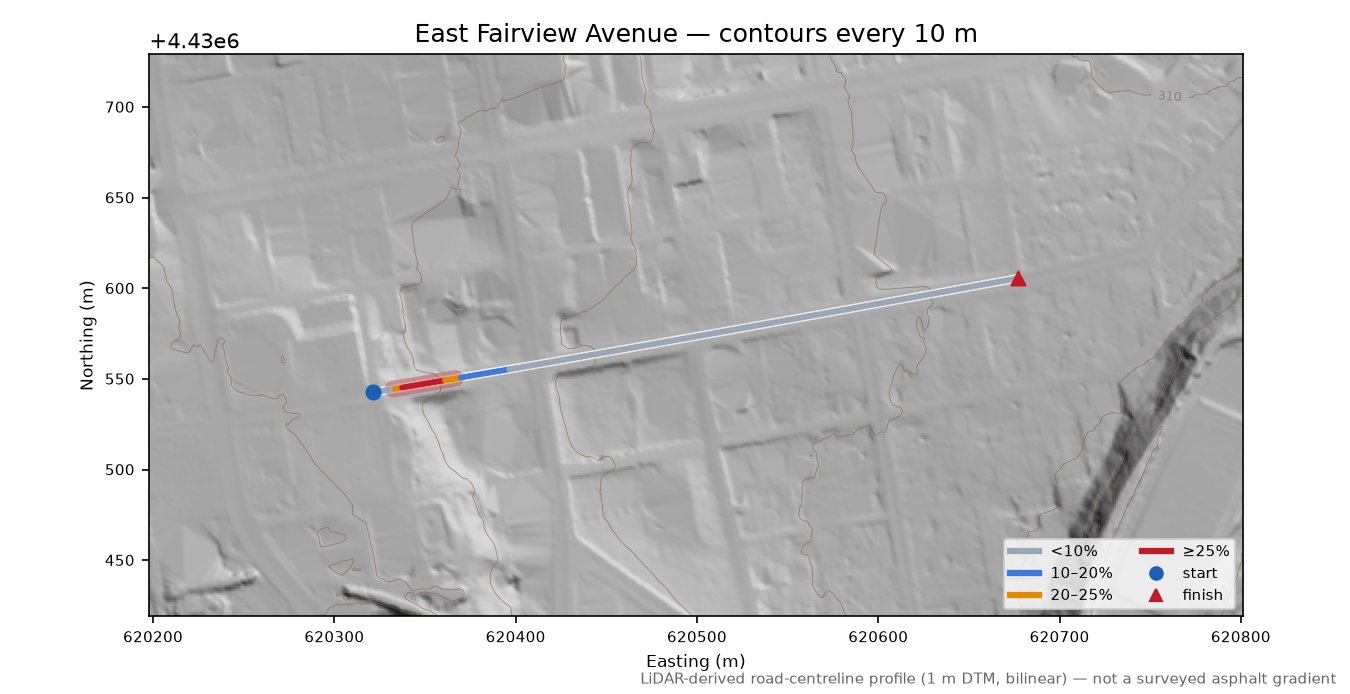 East Fairview Avenue LiDAR hillshade map with contours