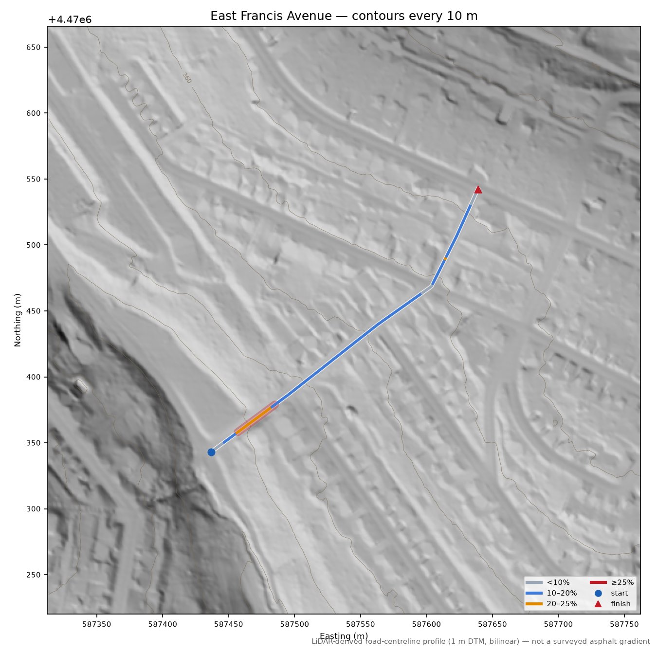 East Francis Avenue LiDAR hillshade map with contours