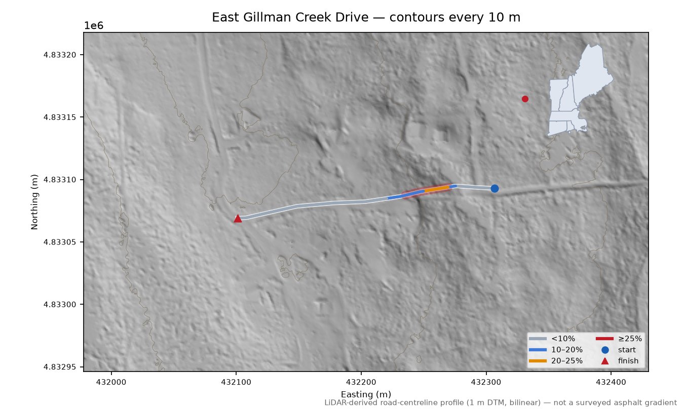 East Gillman Creek Drive LiDAR hillshade map with contours