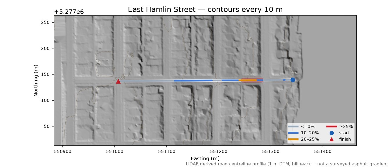 East Hamlin Street LiDAR hillshade map with contours
