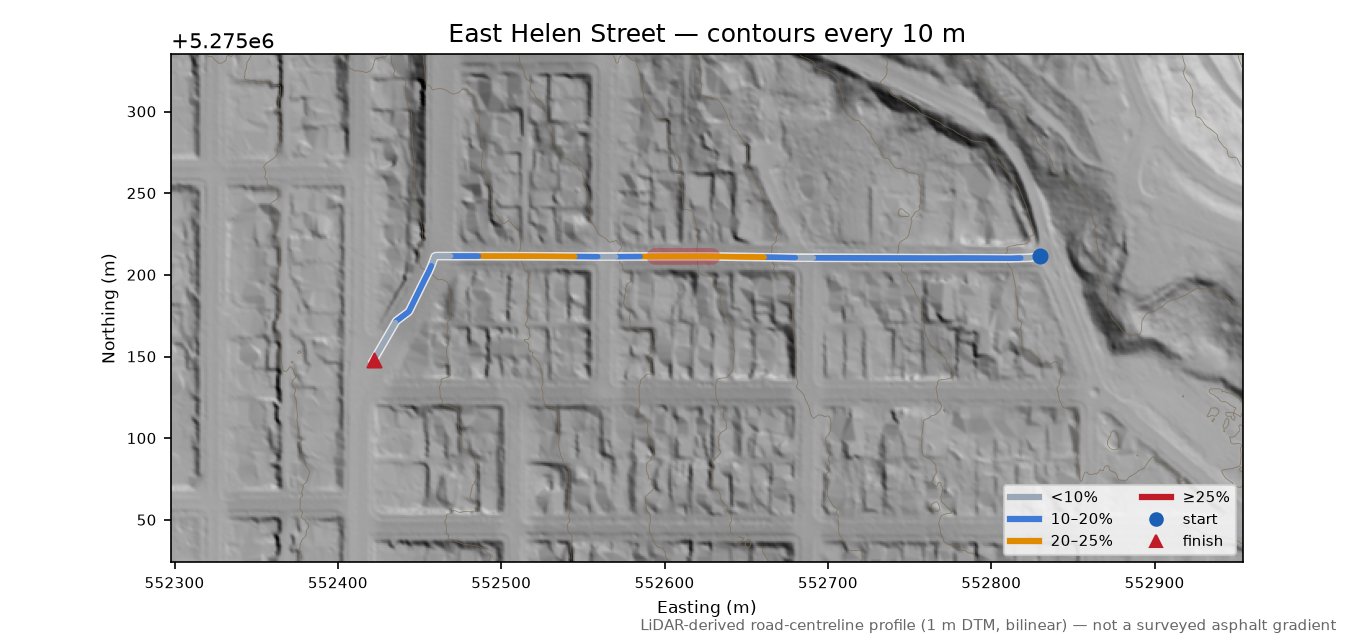 East Helen Street LiDAR hillshade map with contours
