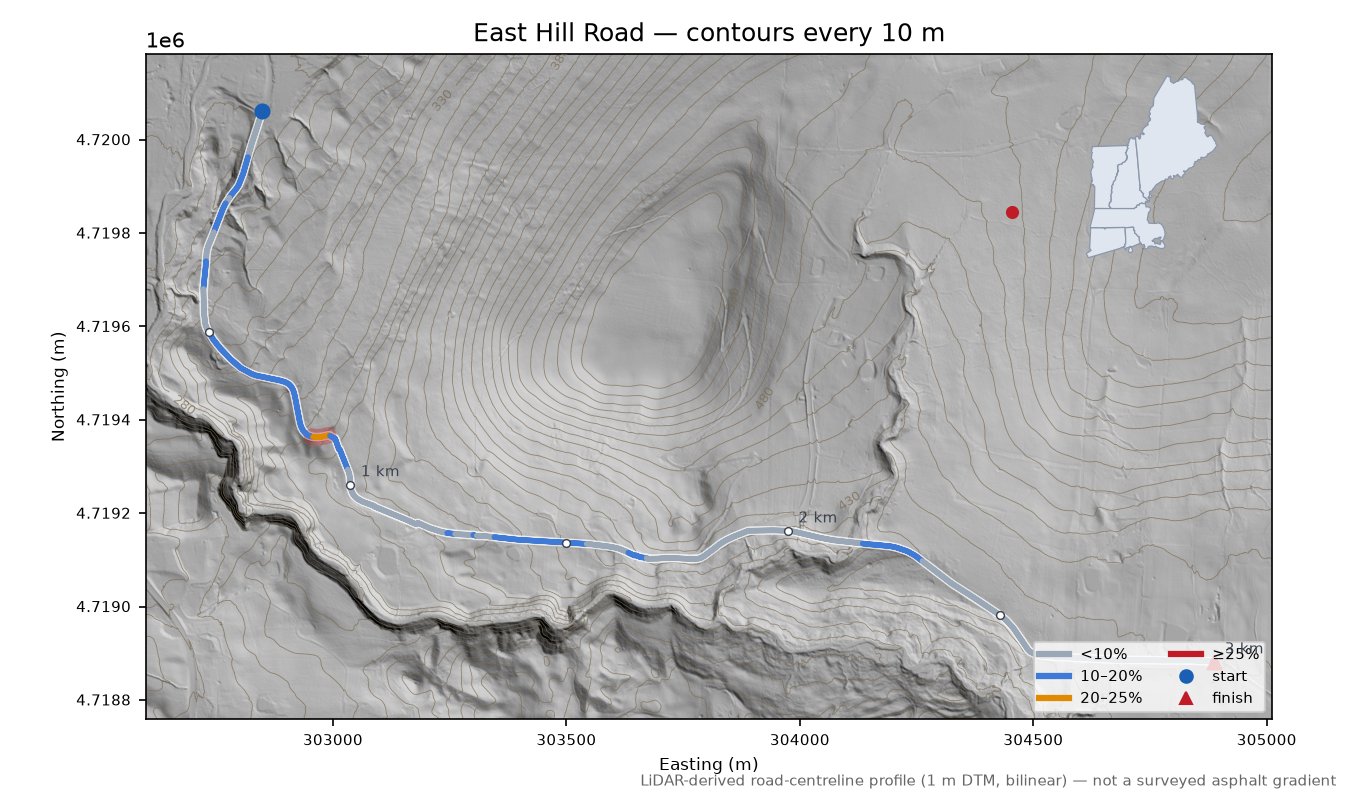 East Hill Road LiDAR hillshade map with contours