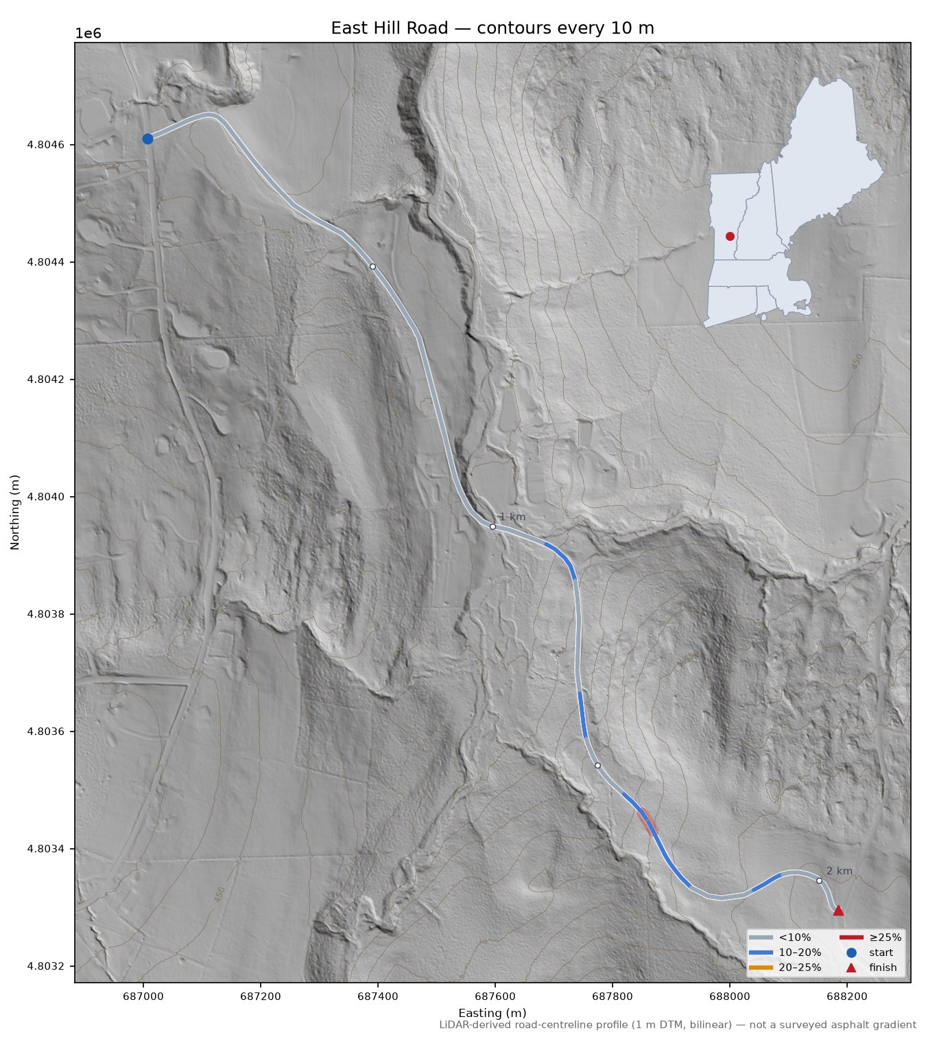 East Hill Road LiDAR hillshade map with contours