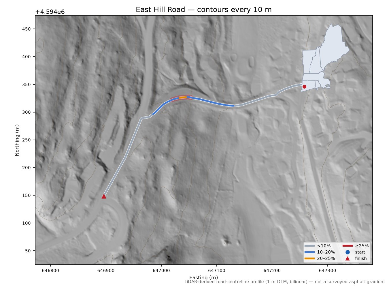 East Hill Road LiDAR hillshade map with contours