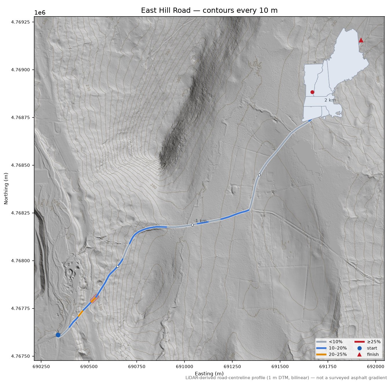 East Hill Road LiDAR hillshade map with contours