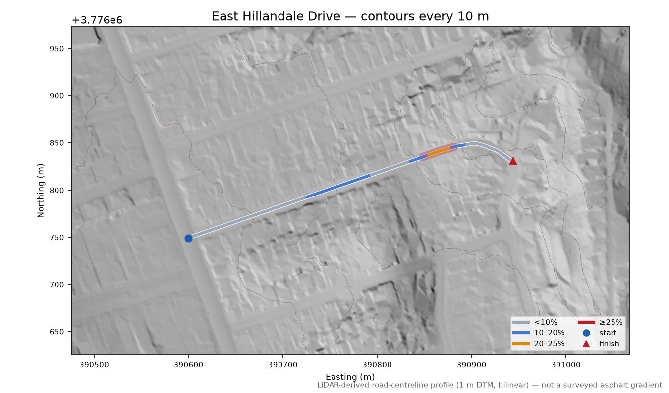 East Hillandale Drive LiDAR hillshade map with contours
