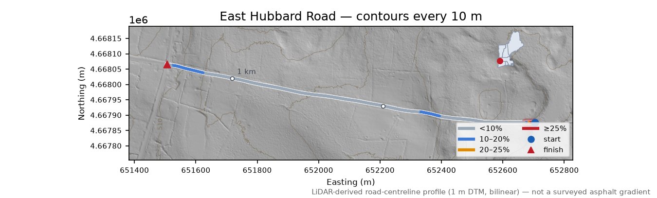 East Hubbard Road LiDAR hillshade map with contours