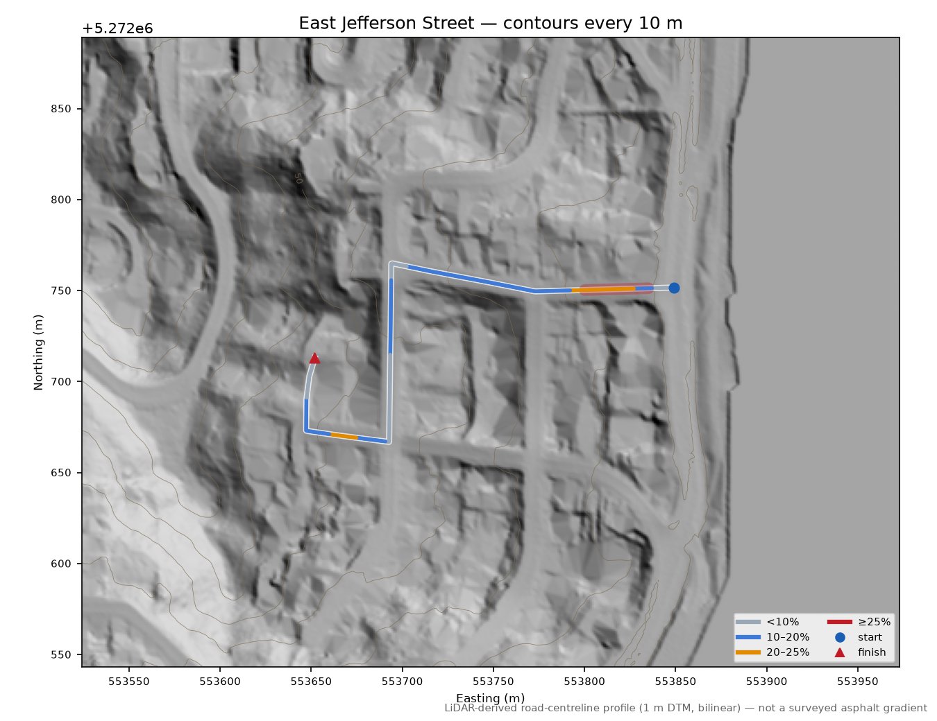 East Jefferson Street LiDAR hillshade map with contours