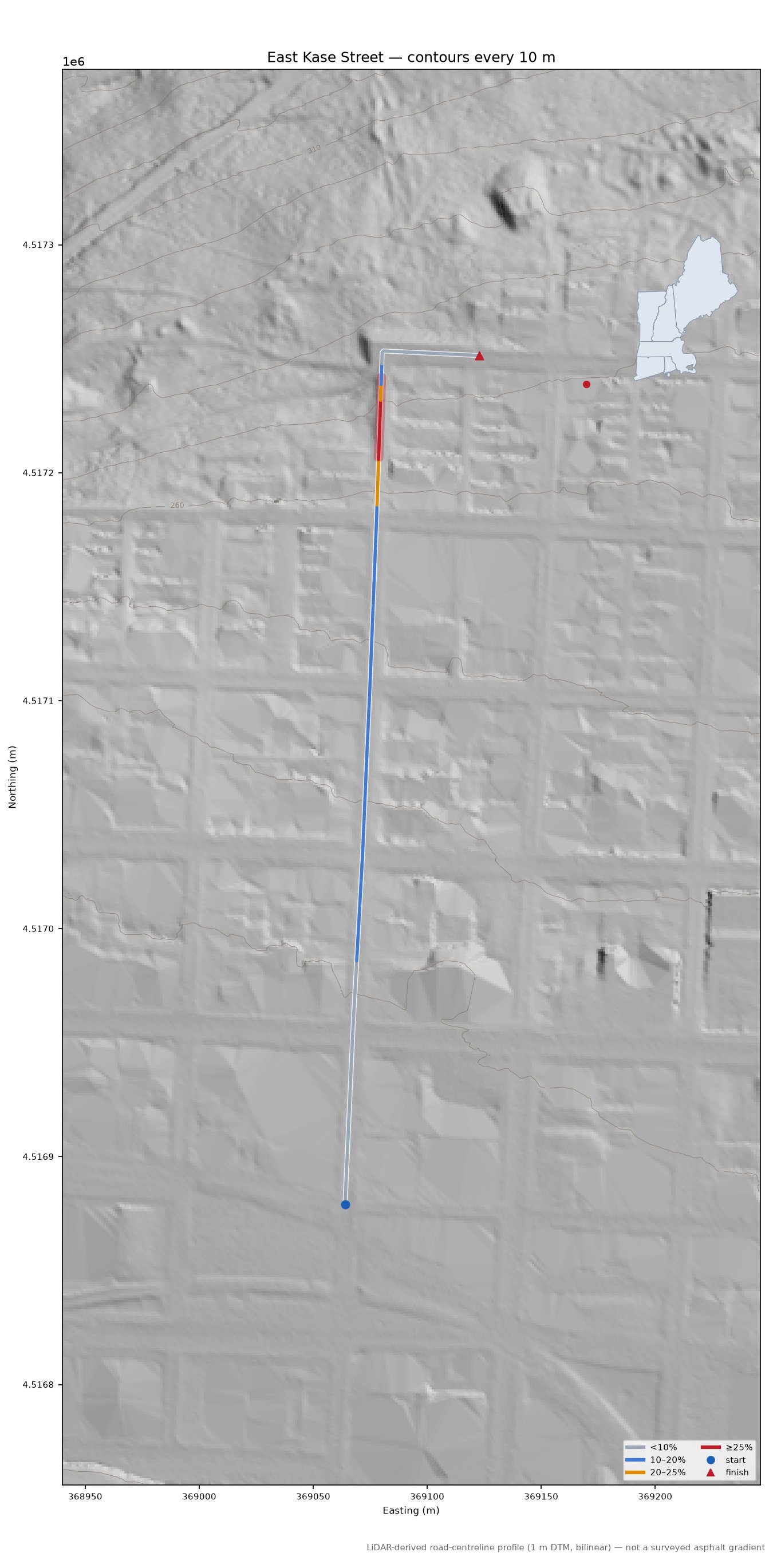 East Kase Street LiDAR hillshade map with contours