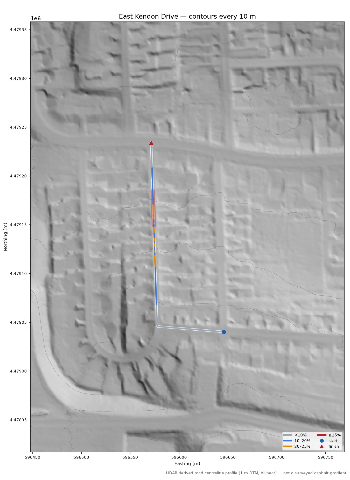 East Kendon Drive LiDAR hillshade map with contours