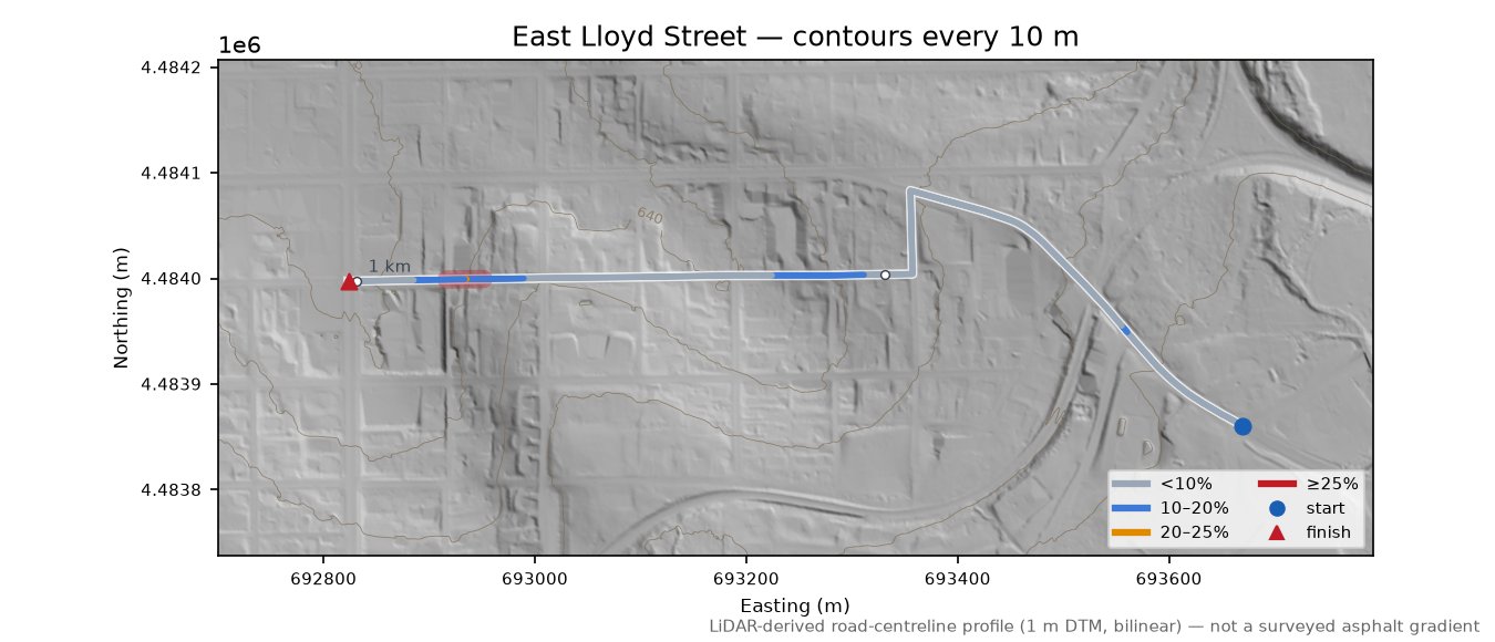 East Lloyd Street LiDAR hillshade map with contours