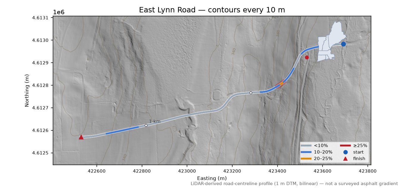 East Lynn Road LiDAR hillshade map with contours