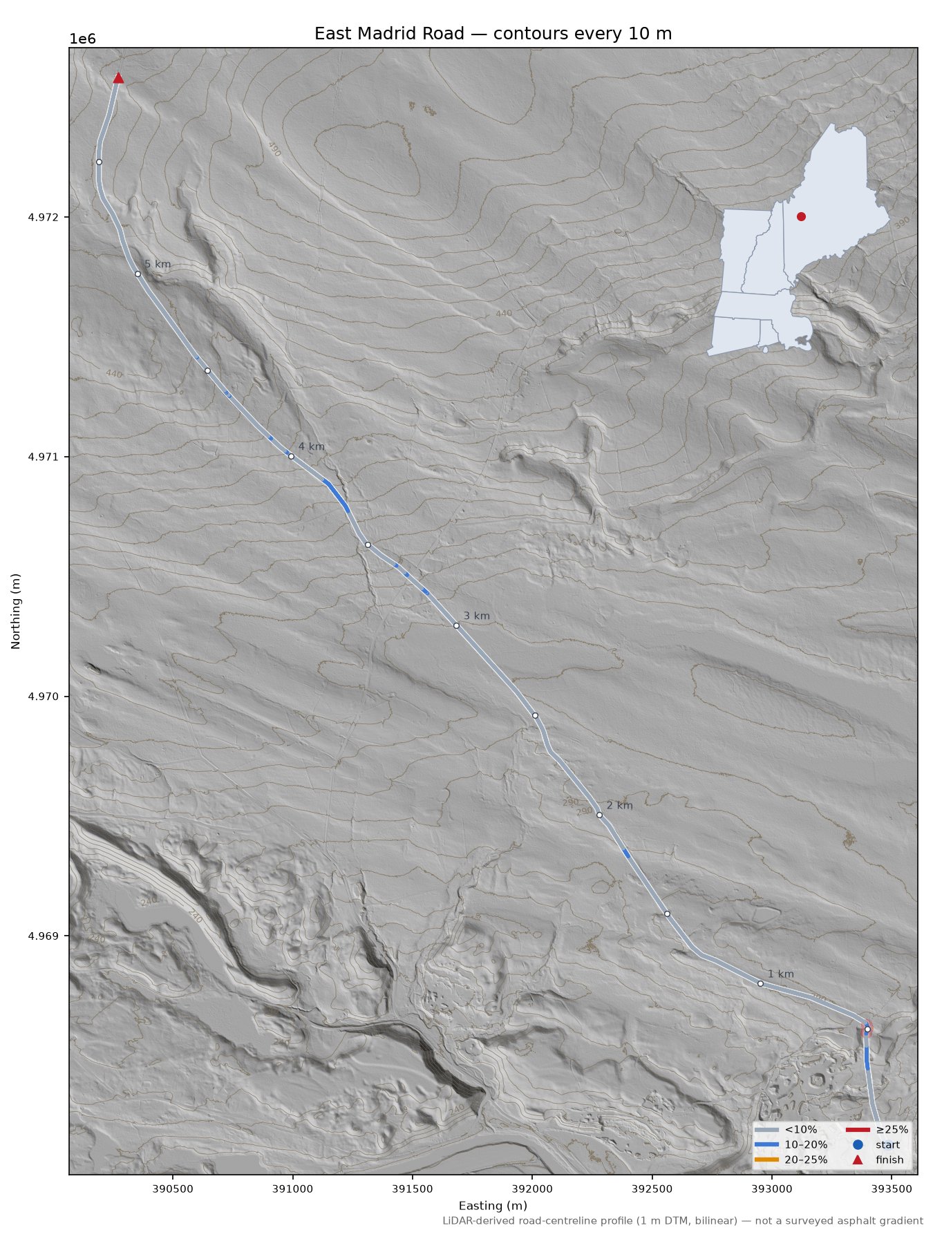 East Madrid Road LiDAR hillshade map with contours