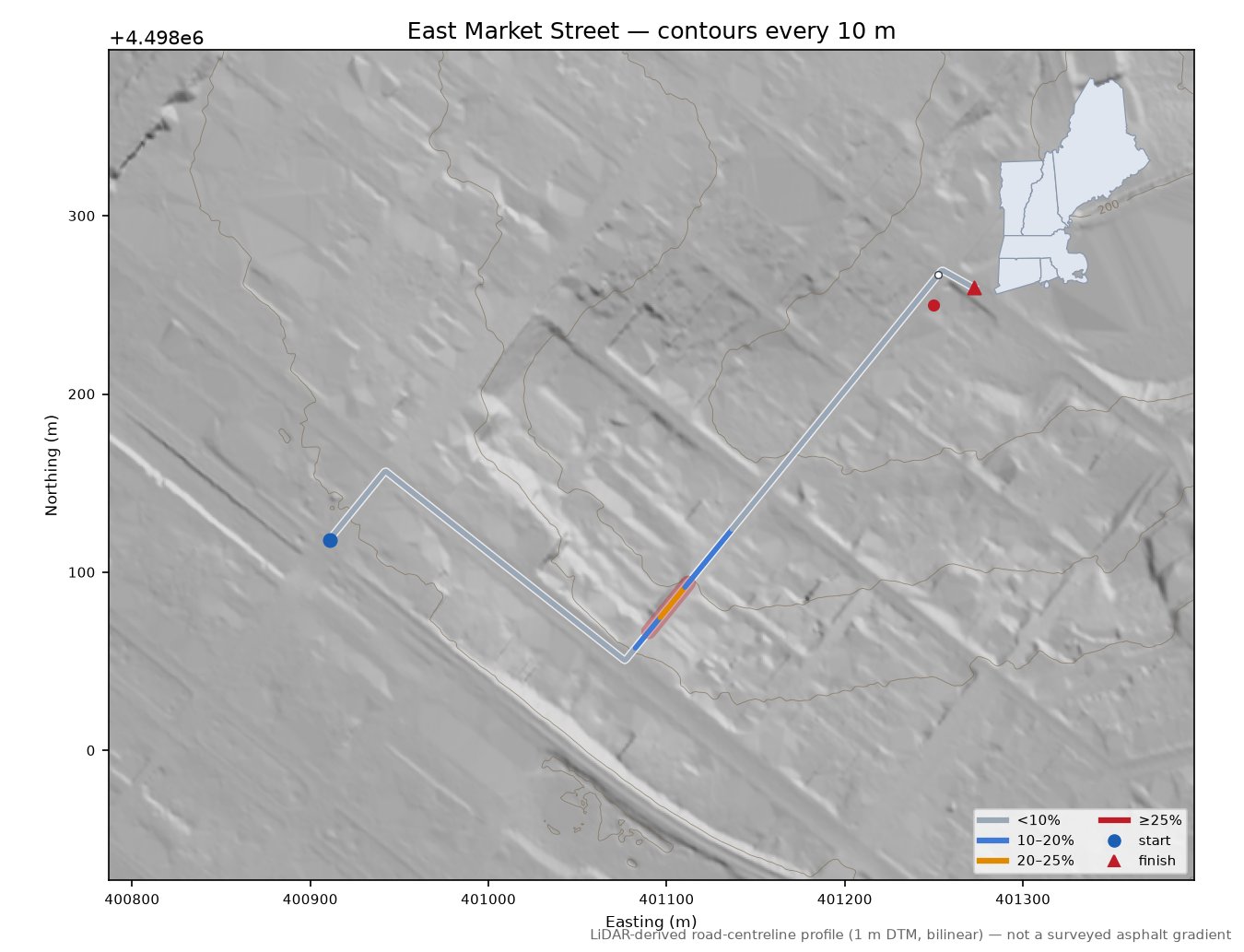 East Market Street LiDAR hillshade map with contours