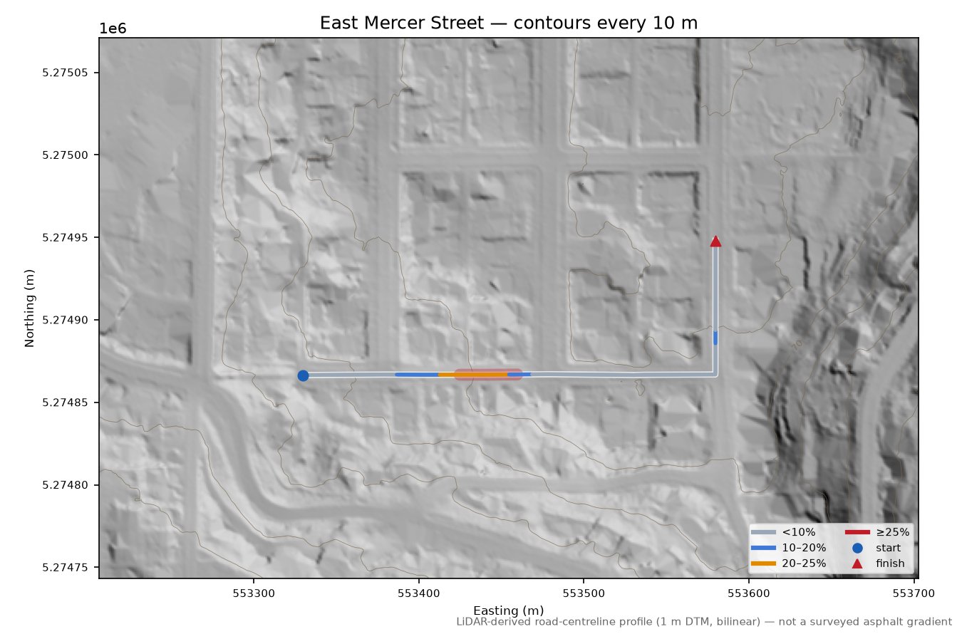 East Mercer Street LiDAR hillshade map with contours
