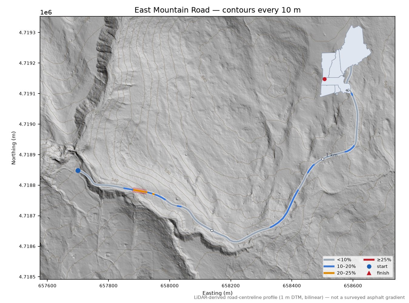 East Mountain Road LiDAR hillshade map with contours