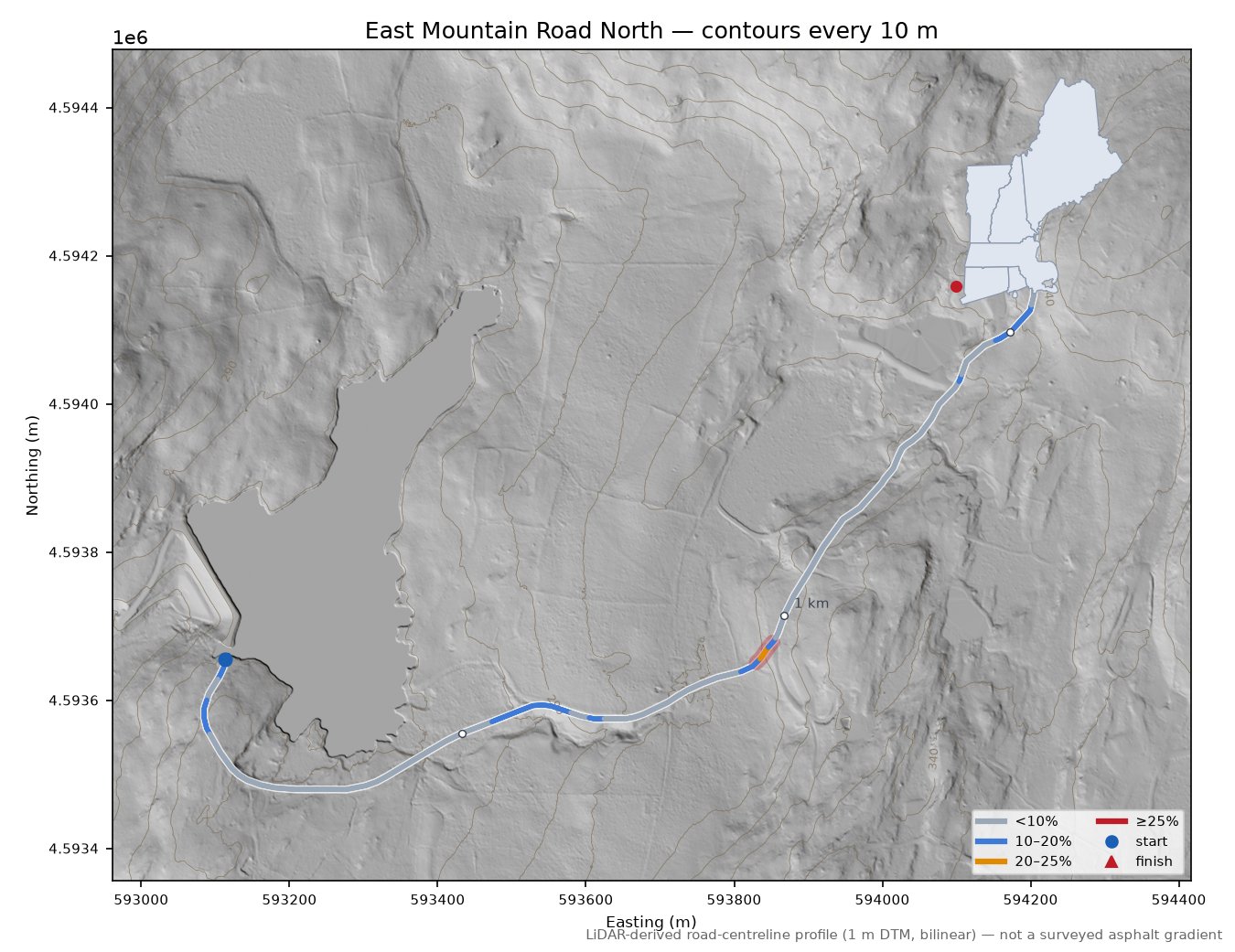 East Mountain Road North LiDAR hillshade map with contours