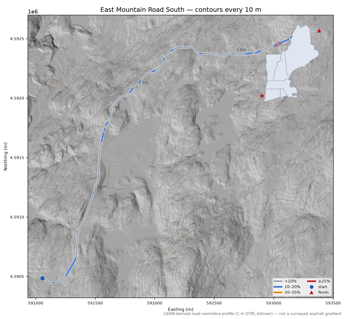 East Mountain Road South LiDAR hillshade map with contours