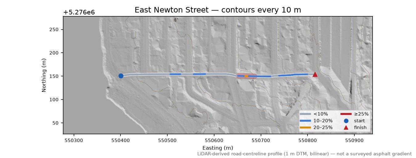 East Newton Street LiDAR hillshade map with contours