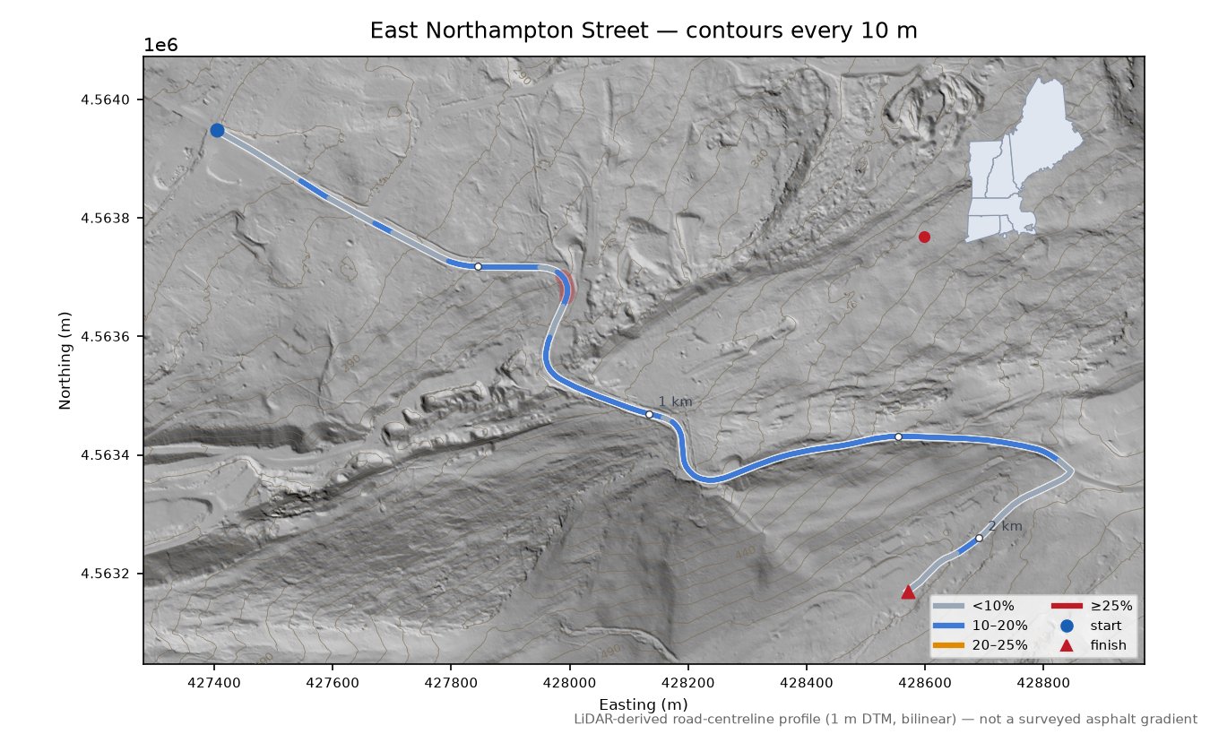 East Northampton Street LiDAR hillshade map with contours