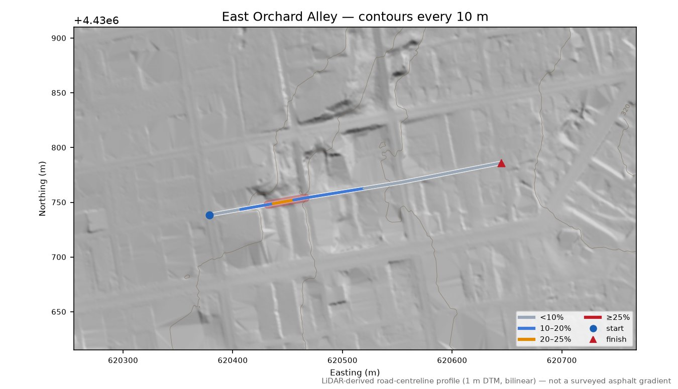 East Orchard Alley LiDAR hillshade map with contours