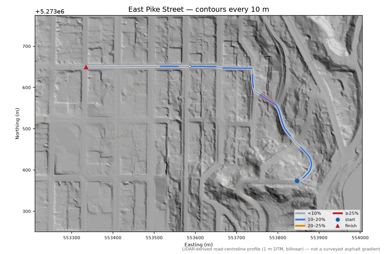 East Pike Street LiDAR hillshade map with contours
