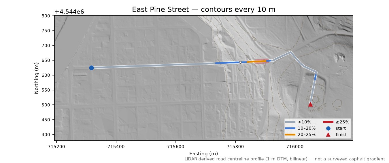 East Pine Street LiDAR hillshade map with contours