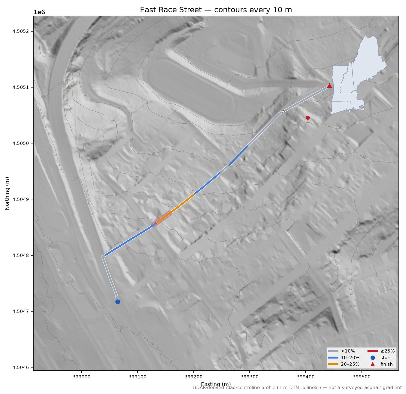 East Race Street LiDAR hillshade map with contours