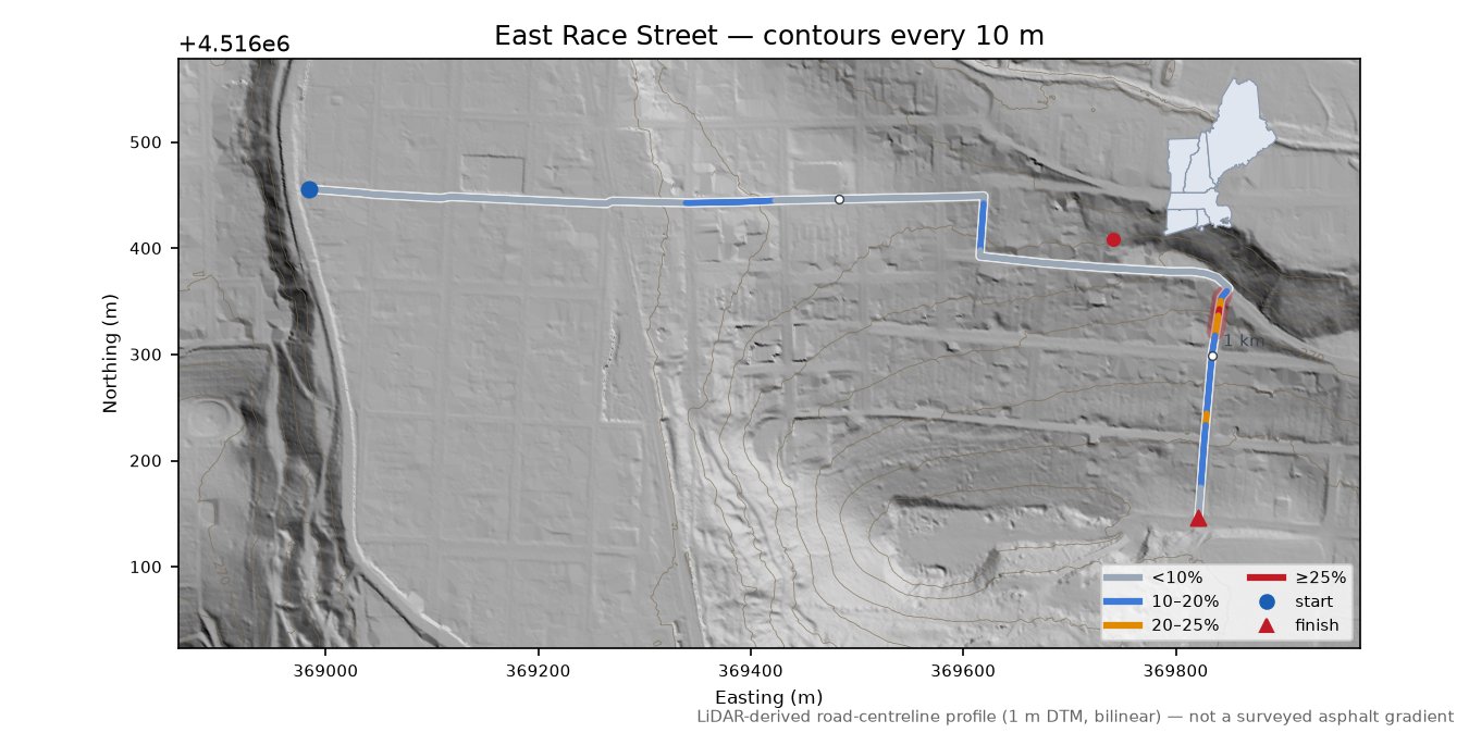 East Race Street LiDAR hillshade map with contours