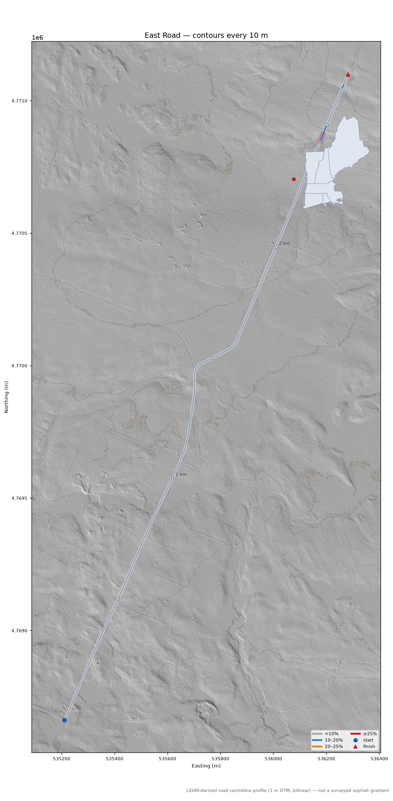 East Road LiDAR hillshade map with contours
