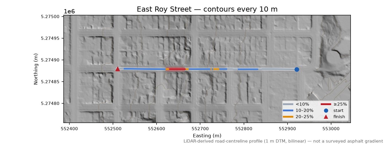 East Roy Street LiDAR hillshade map with contours