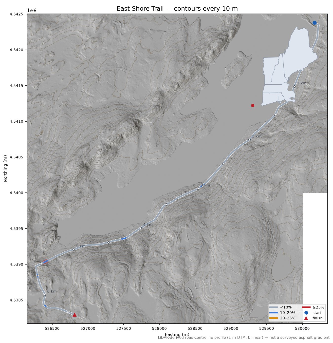 East Shore Trail LiDAR hillshade map with contours