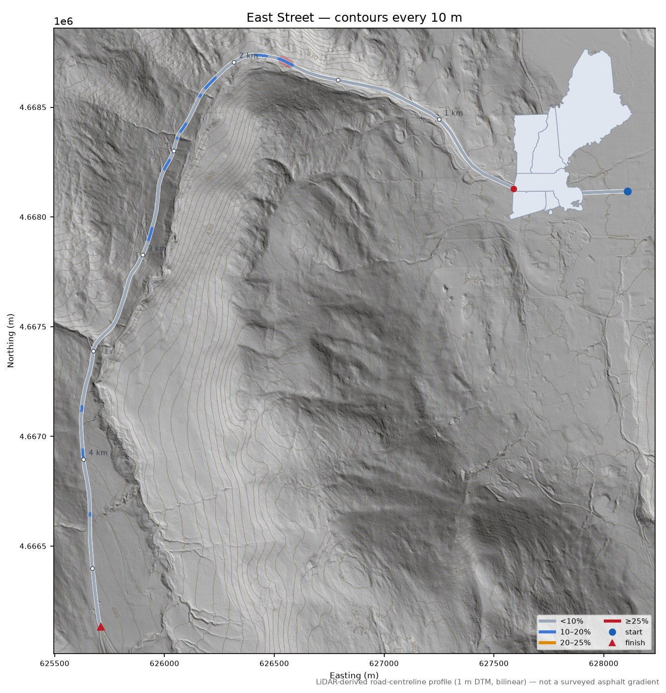 East Street LiDAR hillshade map with contours