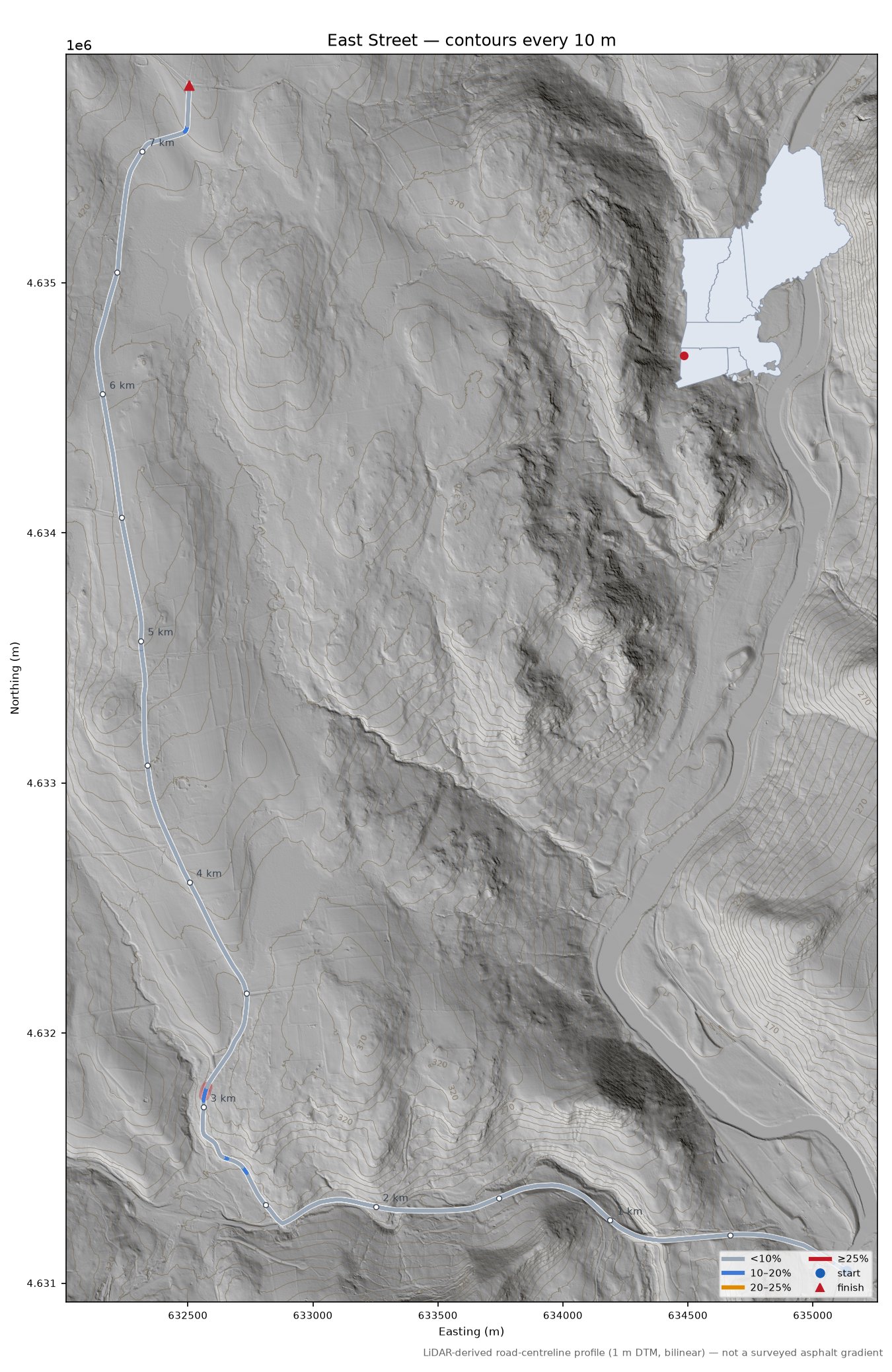 East Street LiDAR hillshade map with contours