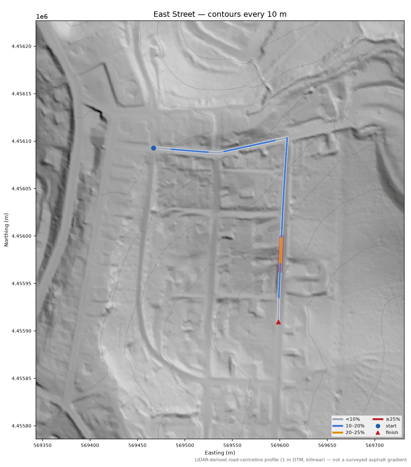 East Street LiDAR hillshade map with contours