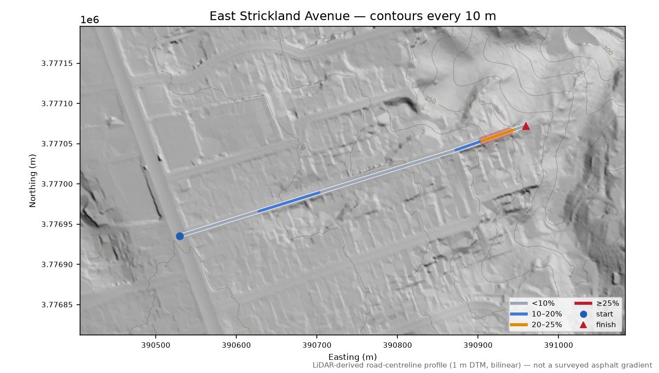 East Strickland Avenue LiDAR hillshade map with contours