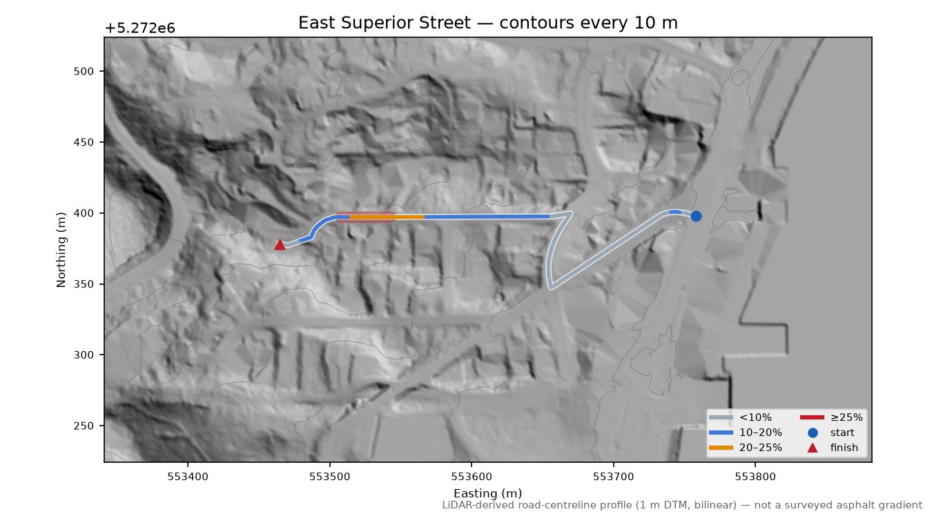 East Superior Street LiDAR hillshade map with contours