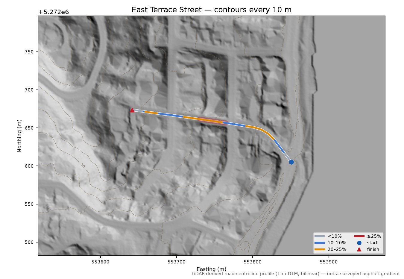 East Terrace Street LiDAR hillshade map with contours