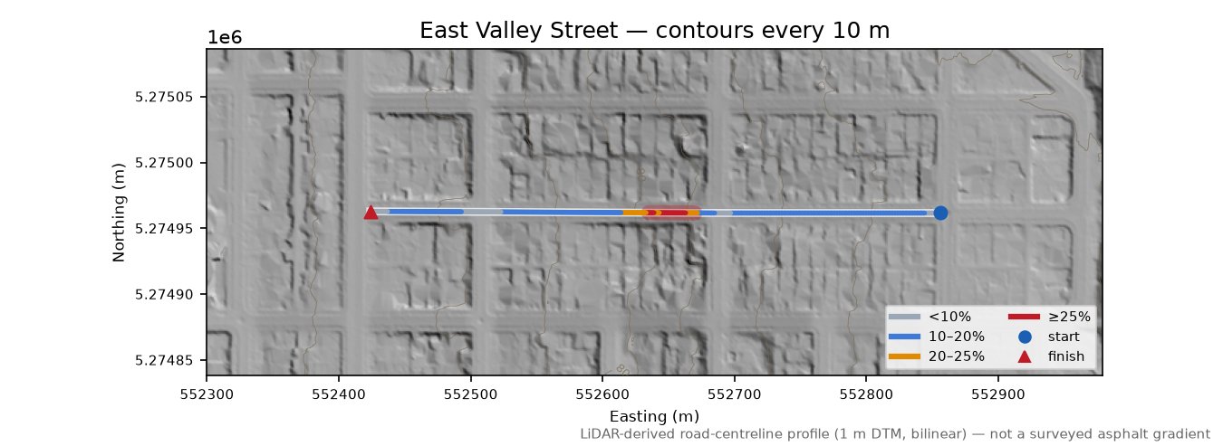East Valley Street LiDAR hillshade map with contours