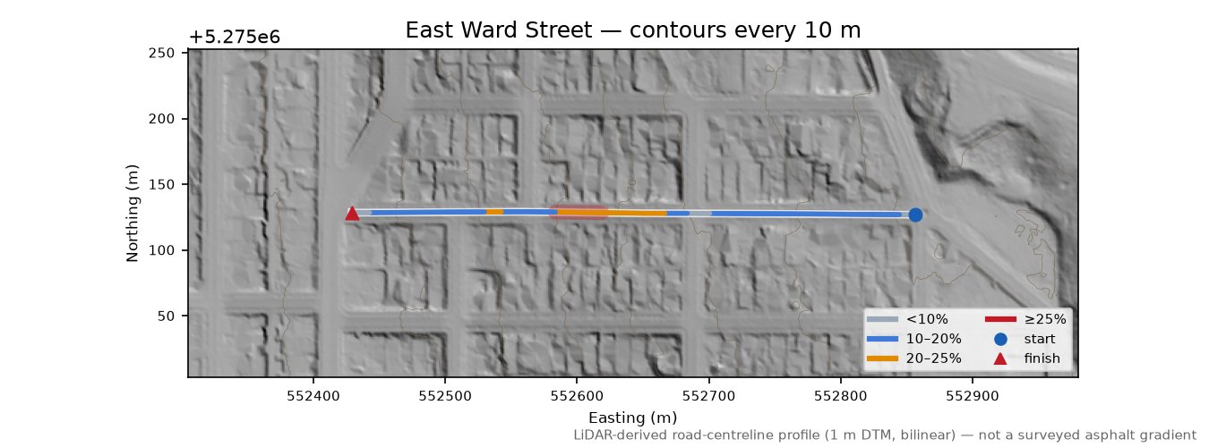 East Ward Street LiDAR hillshade map with contours