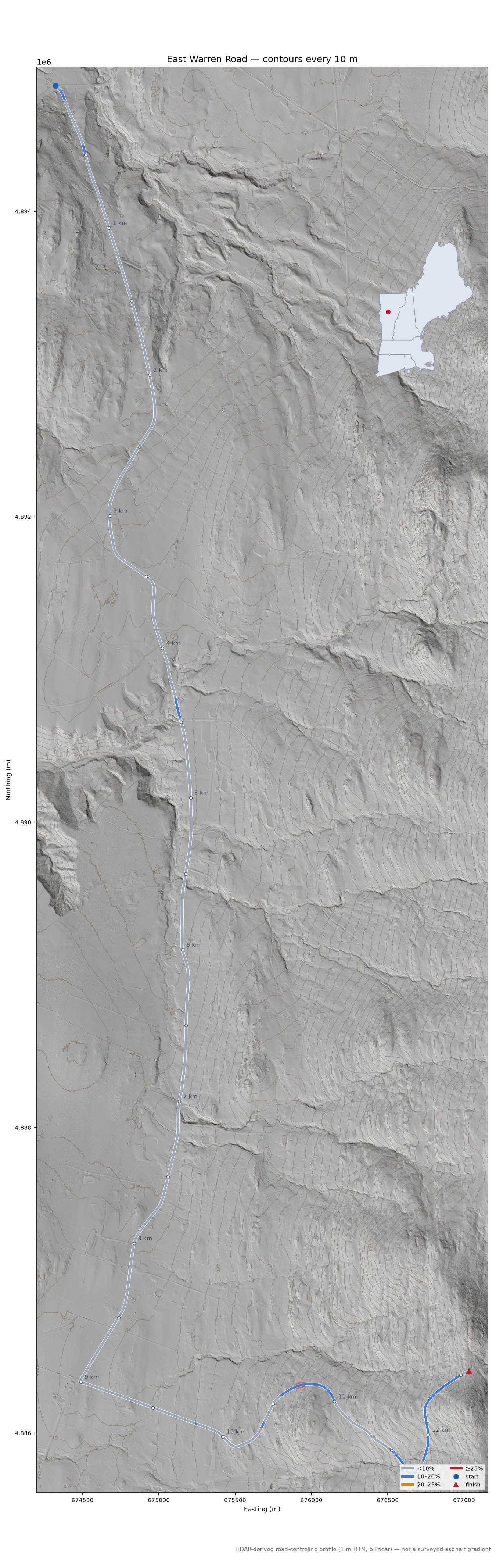 East Warren Road LiDAR hillshade map with contours