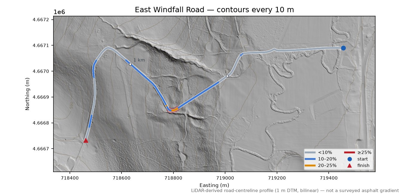 East Windfall Road LiDAR hillshade map with contours