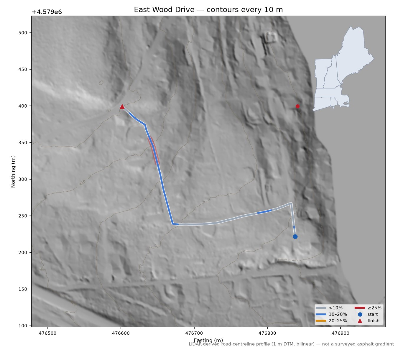 East Wood Drive LiDAR hillshade map with contours